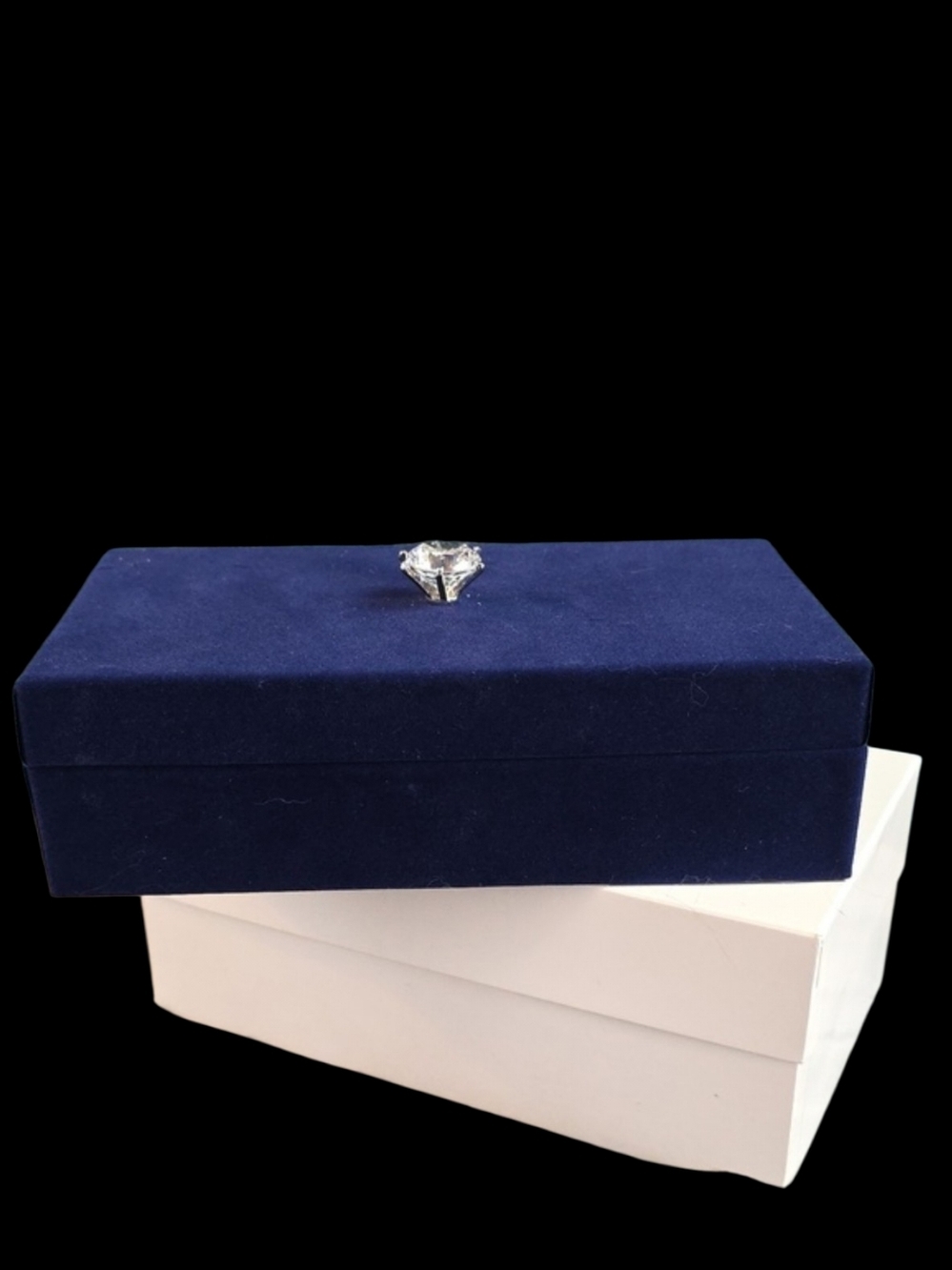 Cobalt Blue Velveteen Ring Box With Large Faux Diamond Crystal Knob On Top NIB